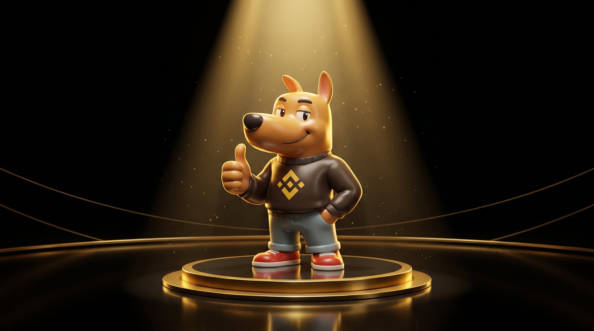 BNB GUY mascot on a golden keynote stage